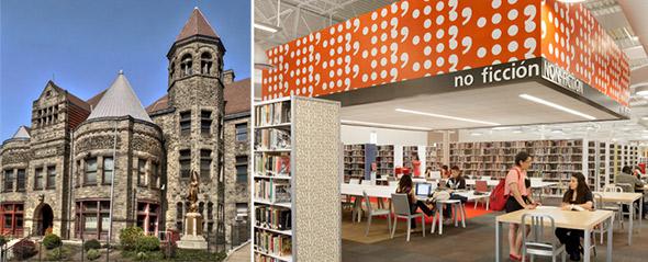 Left, the first Carnegie Library in Braddock, Penn. It has recently been threatened by closure. Right, a converted Walmart in McAllen, Texas, as featured in Slate.