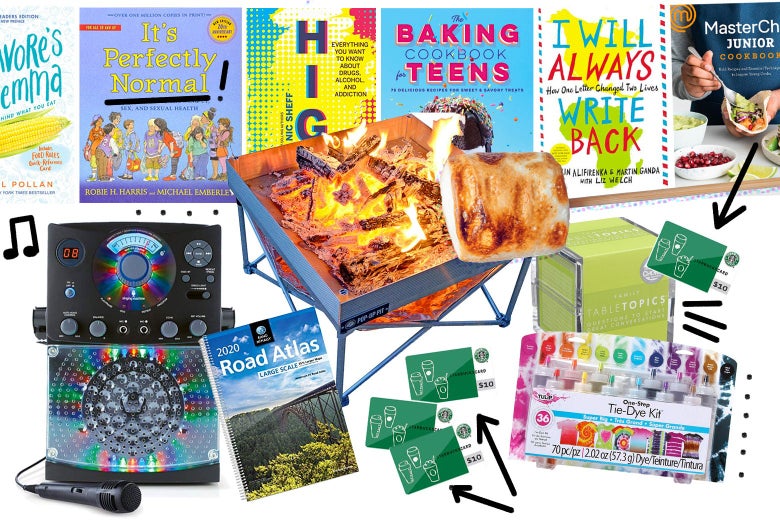 Collage of karaoke machine, cookbooks, topics cards, a tie-dye kit, gift cards, a fire pit, and a road atlas.