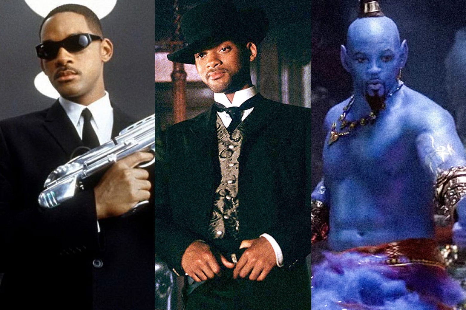 Will Smith in Men in Black, Will Smith in Wild Wild West, Will Smith in Aladdin.