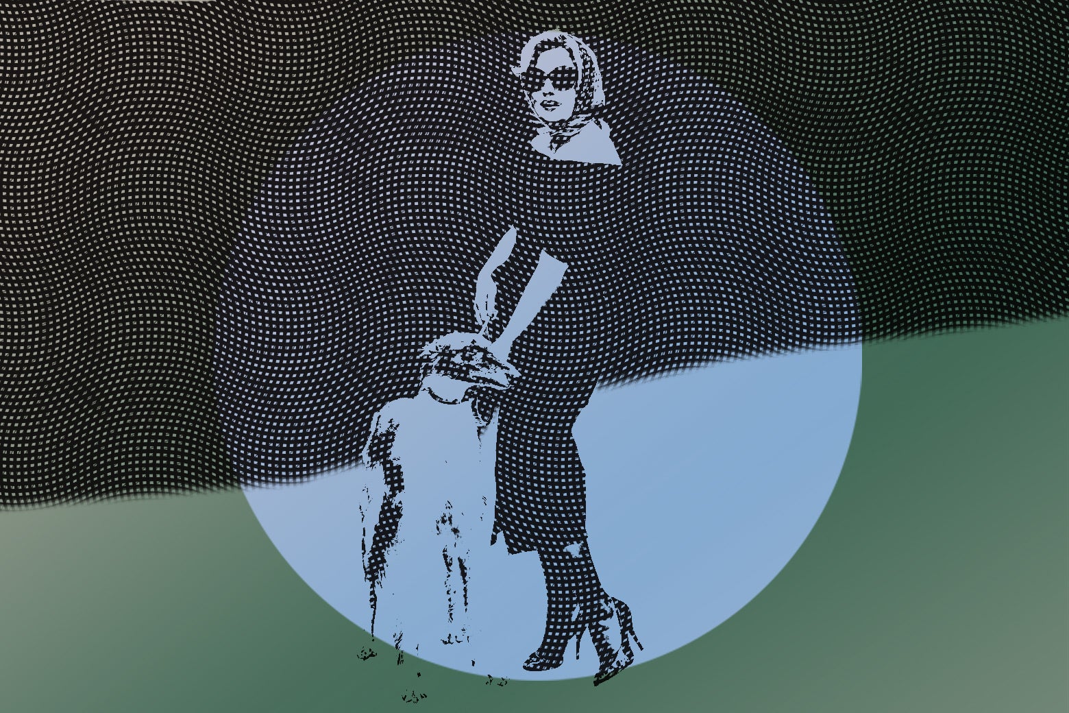 A woman wearing sunglasses and a headscarf walks her dog