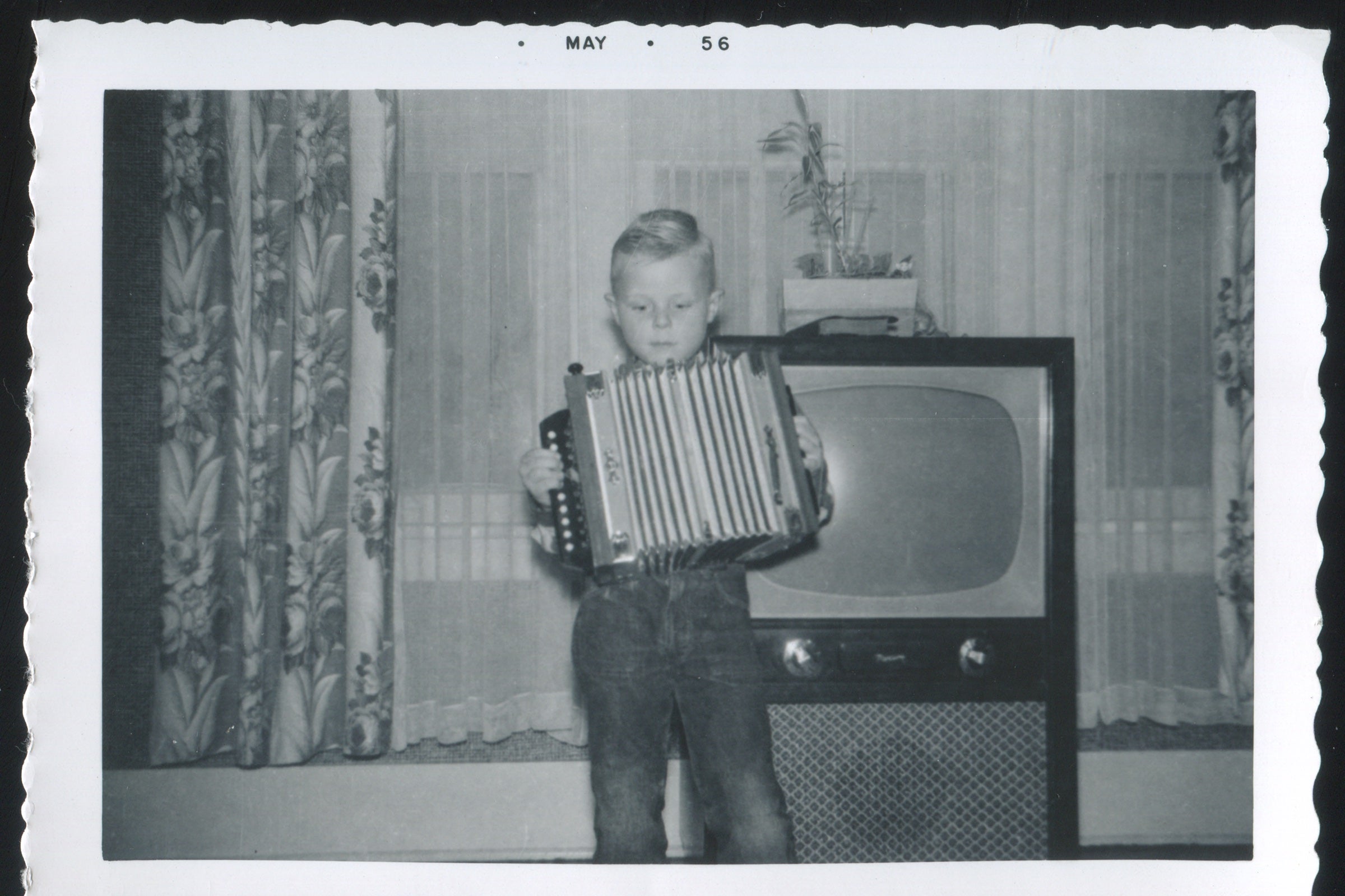 A boy plays an accordion in front of a TV. 