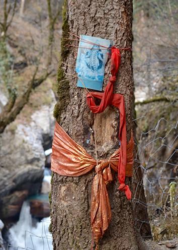 A hologram of Kali, the fearsome Hindu goddess who liberates souls, wearing a garland of human skulls, pinned to a tree near Kheerganga.