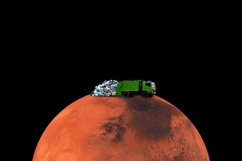 A garbage truck dumping trash on Mars.