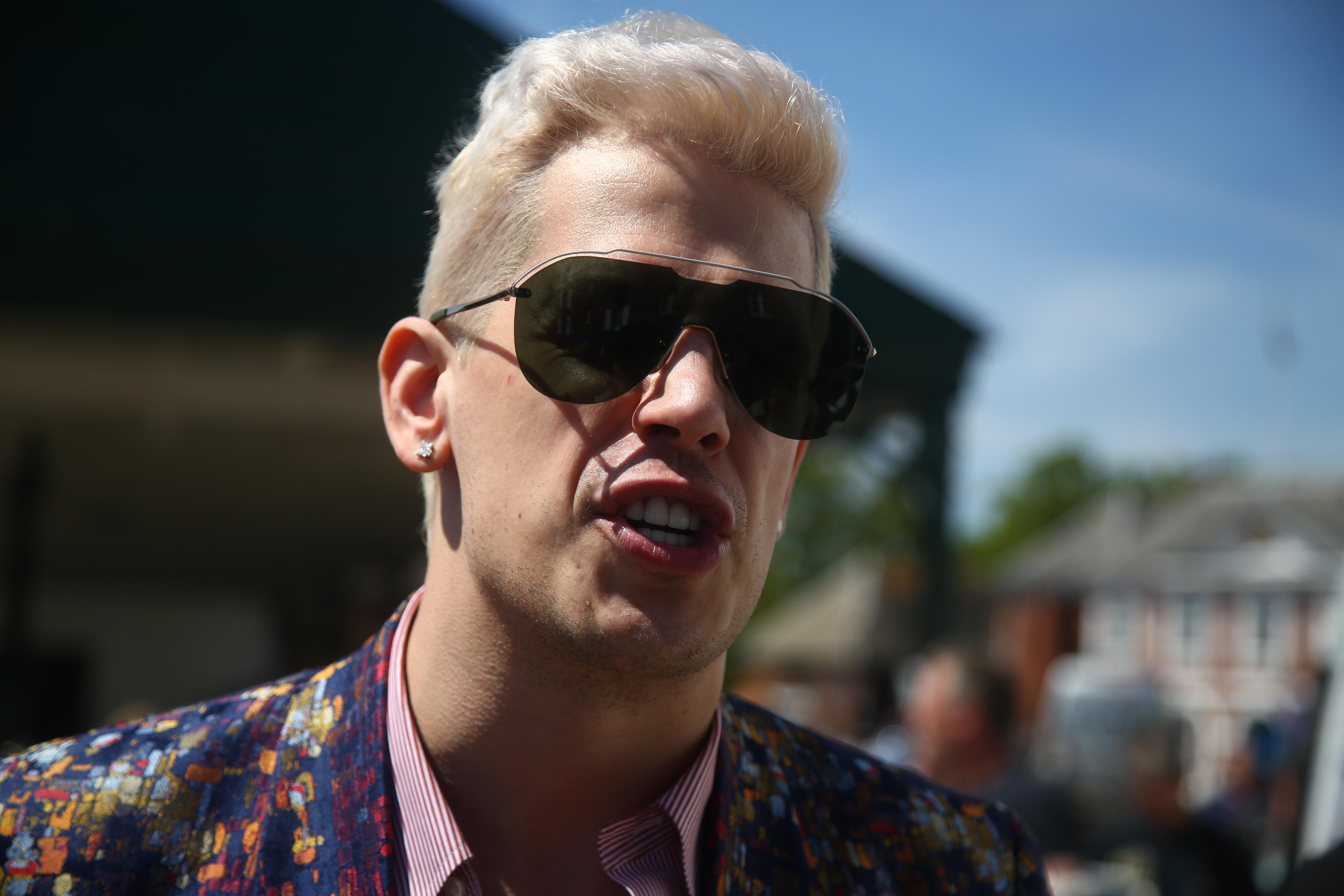 Milo Yiannopoulos joins UK Independence Party (UKIP) European Election candidate Carl Benjamin (unseen), known by the online pseudonym Sargon of Akkad campaigning in Exeter, southwest England, on May 13, 2019.