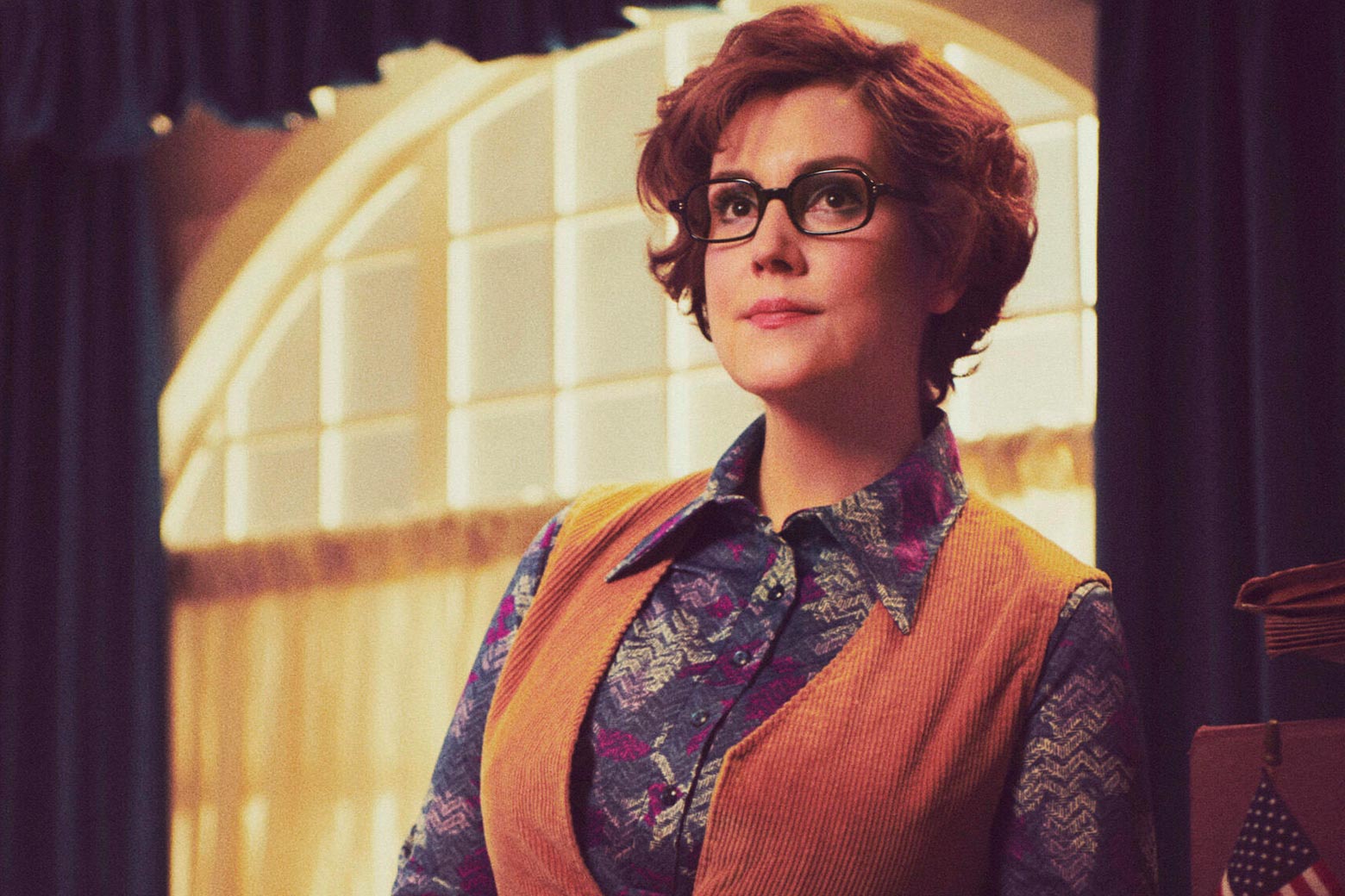 Melanie Lynskey in costume as Rosemary Thomson in Mrs. America