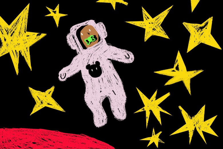Illustration of a baby in a space suit floating in space.