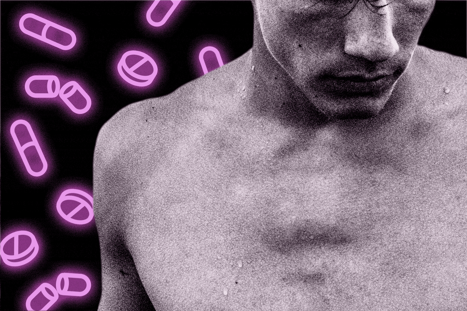 A shirtless man with neon pills in the background.