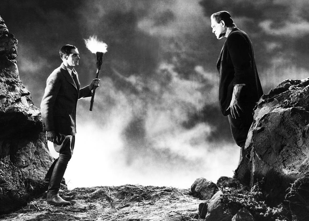 Boris Karloff and Colin Clive in Frankenstein.