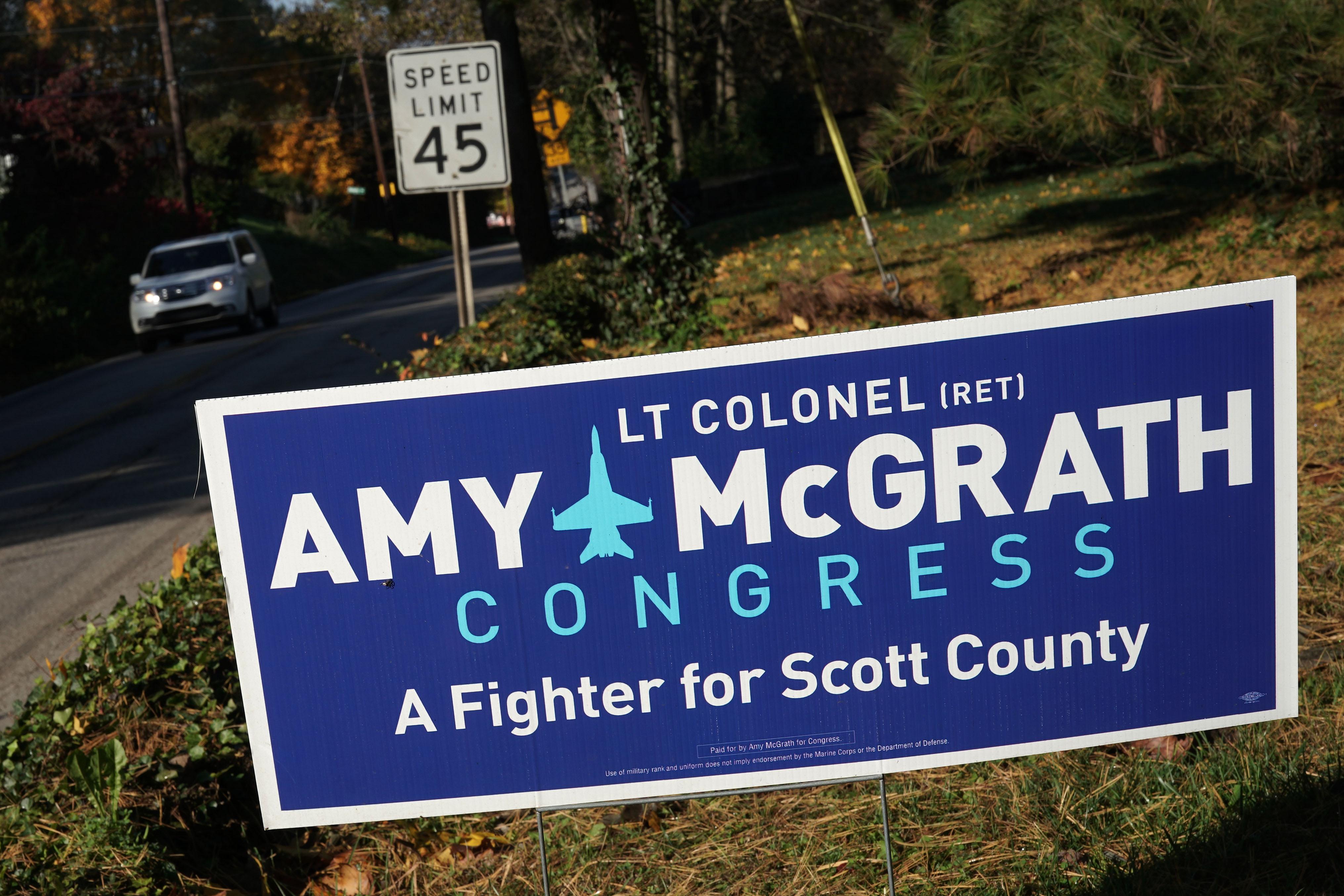 A campaign sign for Democratic U.S. House of Representatives candidate for Kentucky’s 6th distrcit Amy McGrath is seen November 3, 2018 in Georgetown, Kentucky. 