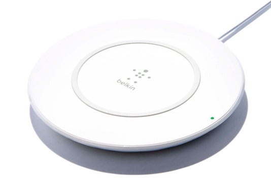 White Belkin wireless charging pad.