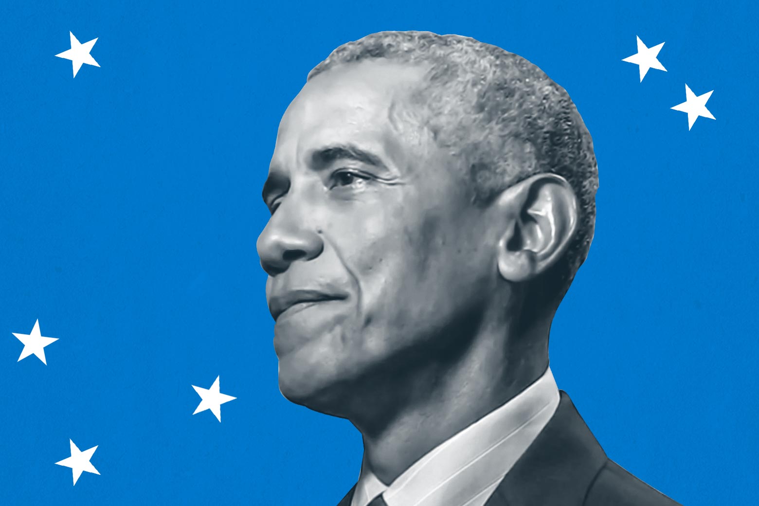 Obama's head is seen against a blue background with stars and a sign reading "2020 Democratic National Convention."