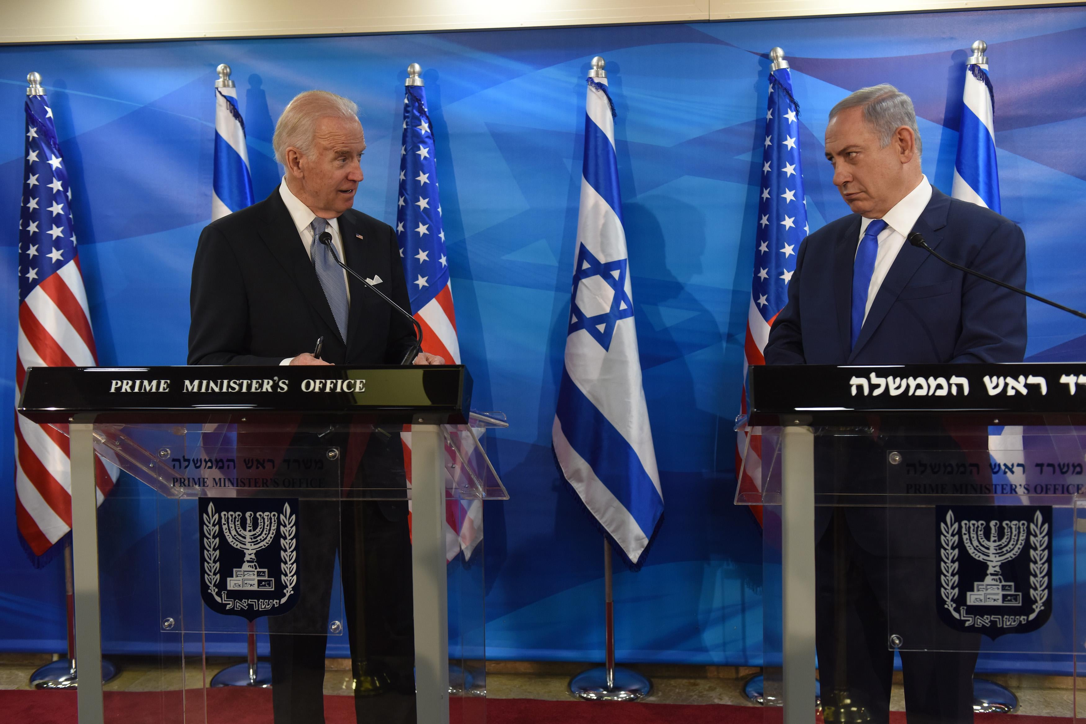 US Vice President Joe Biden and Israeli Prime Minister Benjamin Netanyahu give joint statements to press in the prime minister's office in Jerusalem on March 9, 2016. Biden implicitly criticised Palestinian leaders for not condemning attacks against Israelis, as an upsurge in violence marred his visit.

 / AFP / POOL AND AFP / DEBBIE HILL        (Photo credit should read DEBBIE HILL/AFP via Getty Images)