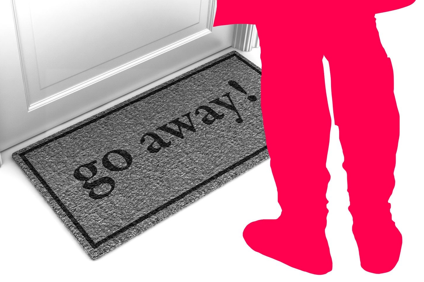 A doormat that says "go away!" lies before an entryway.