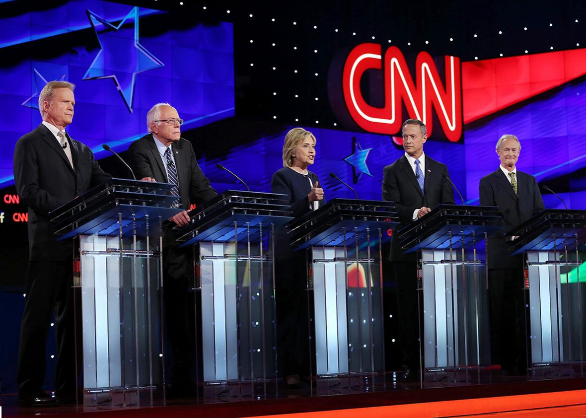 Democratic presidential candidates Jim Webb, Sen. Bernie Sanders,Democratic presidential candidates Jim Webb, Sen. Bernie Sanders (I-VT), Hillary Clinton, Martin O'Malley and Lincoln Chafee.