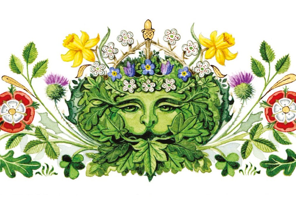 A watercolor illustration of a green face, surrounded by a bunch of green leaves. More green foliage, including thistle and clover, emerge out of the side of the face. The cat-like mouth is open, and leaves replace the lower jaw. The figure wears a crown of flowers, the top half of which is made of thorny branches. The crown is topped with an acorn. 