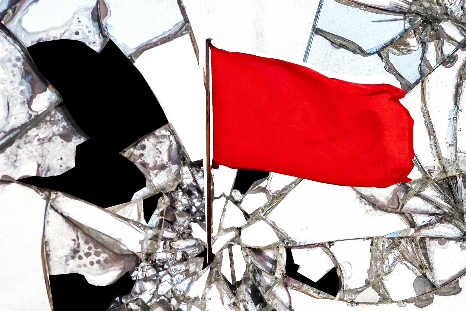 Photo illustration: Red revolutionary flag shattering a mirror.