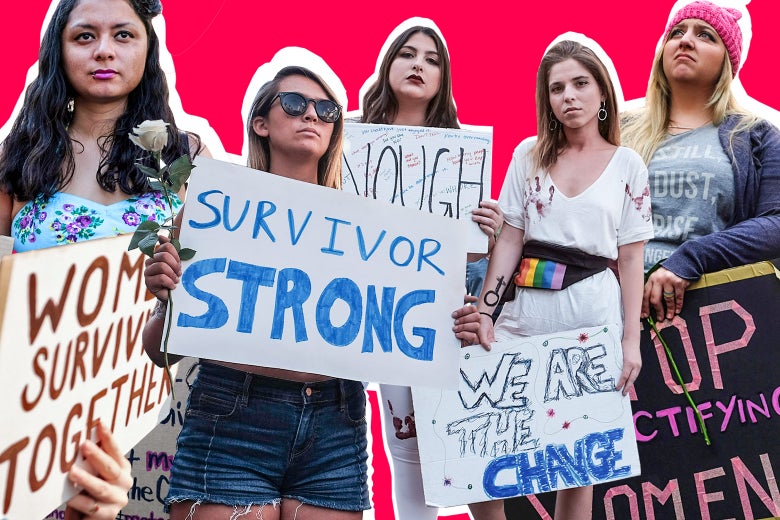 Women hold up signs that say things like, "Survivor strong" and "We are the change."
