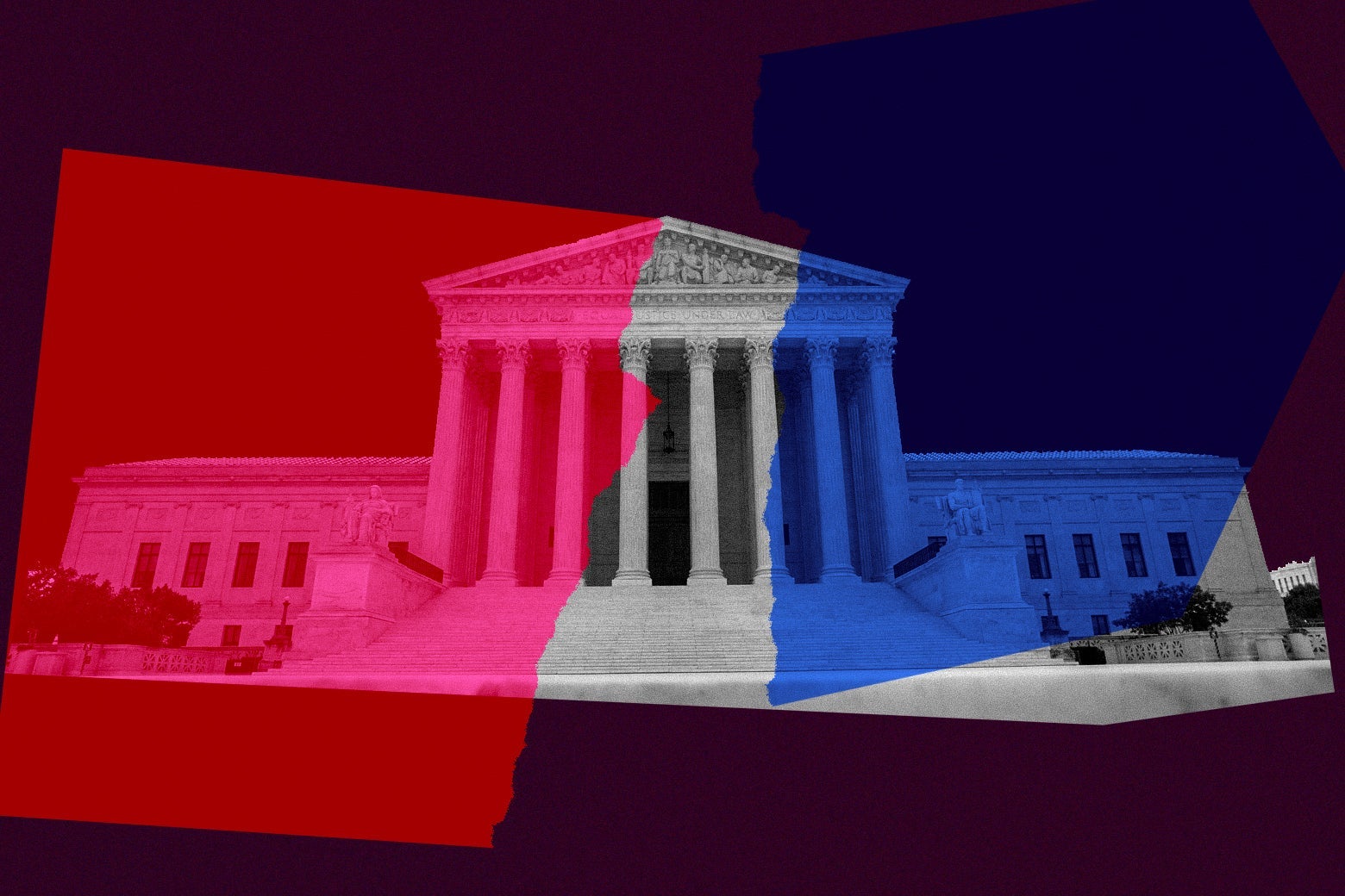 Supreme Court building with red and blue shapes superimposed on it to suggest partisanship