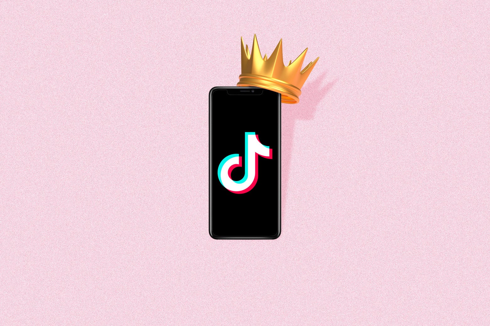 A phone displaying the TikTok logo is wearing a crown against a princess-pink background.