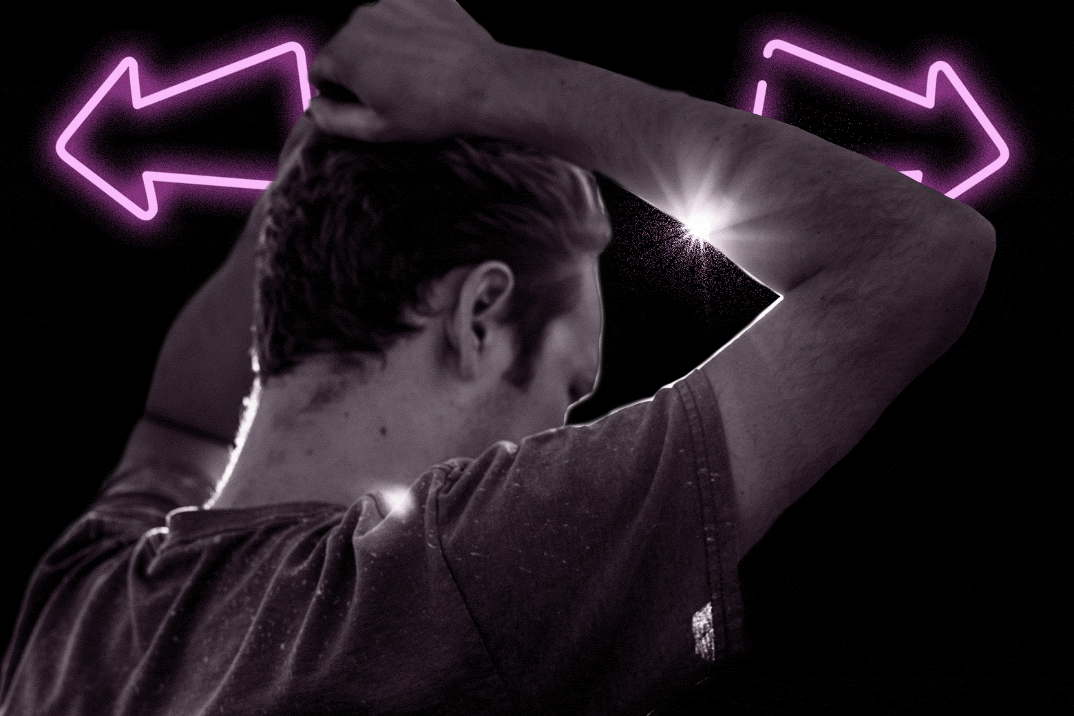 Photo illustration of a man frustratingly rubbing his head. Neon arrows pointing left and right, like a turn signal, glow in the background.