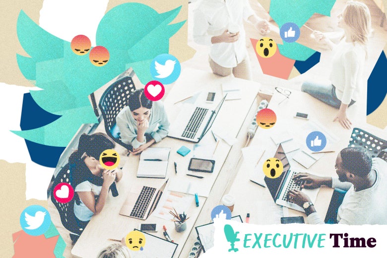 A collage of office workers surrounded by social media icons.