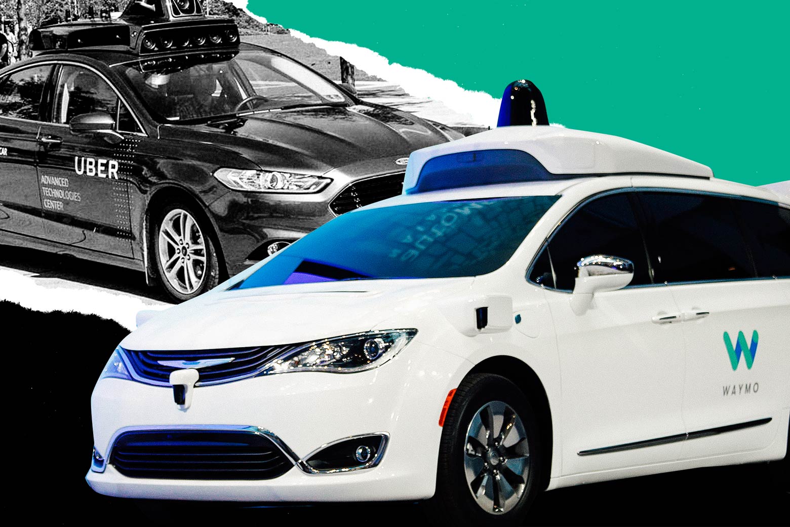 Photo illustration: test vehicles from Uber and Waymo are juxtaposed against a green background. Photo illustration by Slate. Photos by Uber, Getty Images.
