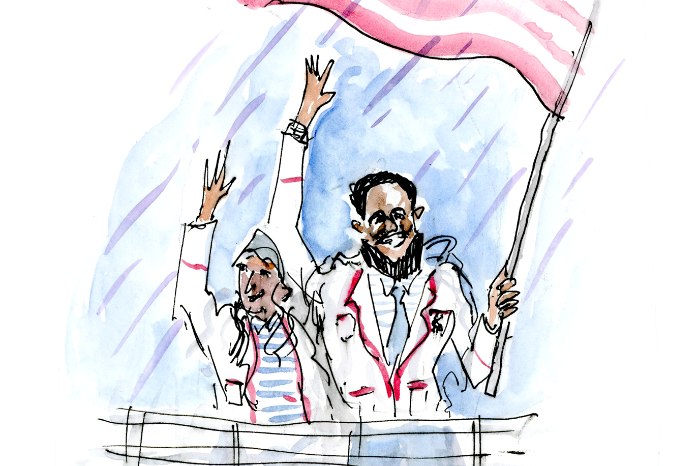 A sketch of Lebron James carrying the American flag in the rain during the opening ceremony. 