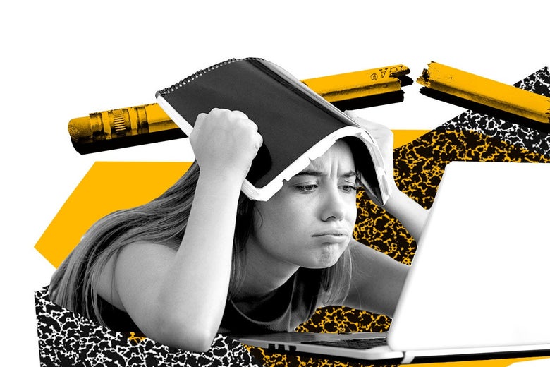 A frustrated high schooler puts a book on her head.