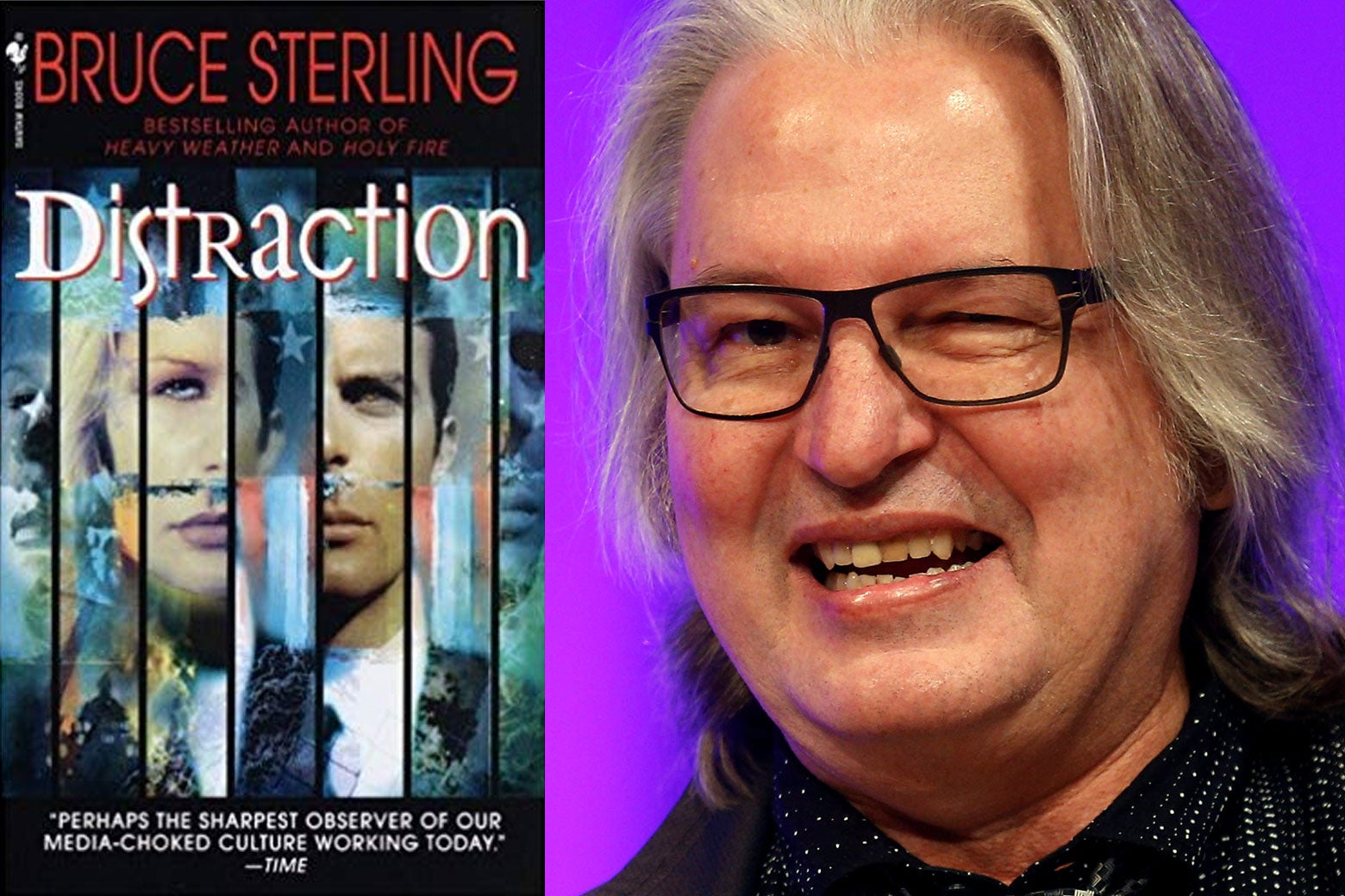 Distraction book cover and science-fiction author Bruce Sterling, as seen in Berlin in 2016.