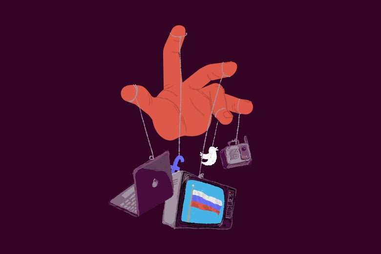 A hand dangling a laptop, a TV displaying the Russian flag, a radio, and the Twitter and Facebook logos on strings from its fingers.