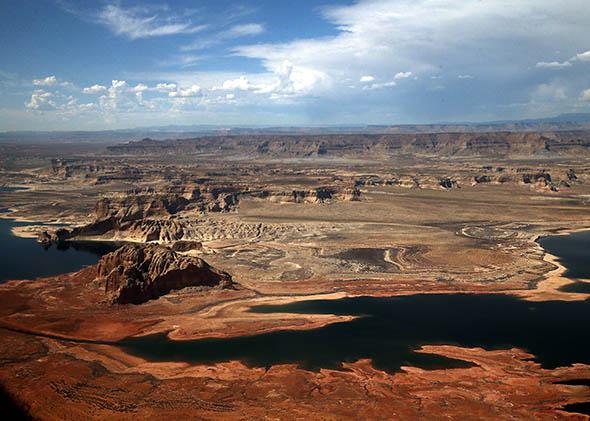 Lake Powell is shown from an airplane window on March 30, 2015 in Page, Arizona.
