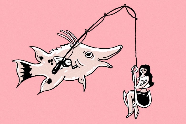 An image of a fish, reeling in a young woman on the fishing line.