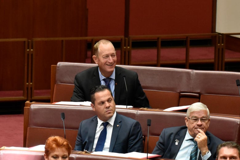 Fraser Anning and other senators sit in chairs in Parliament.