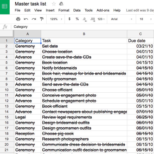 Wedding spreadsheet.