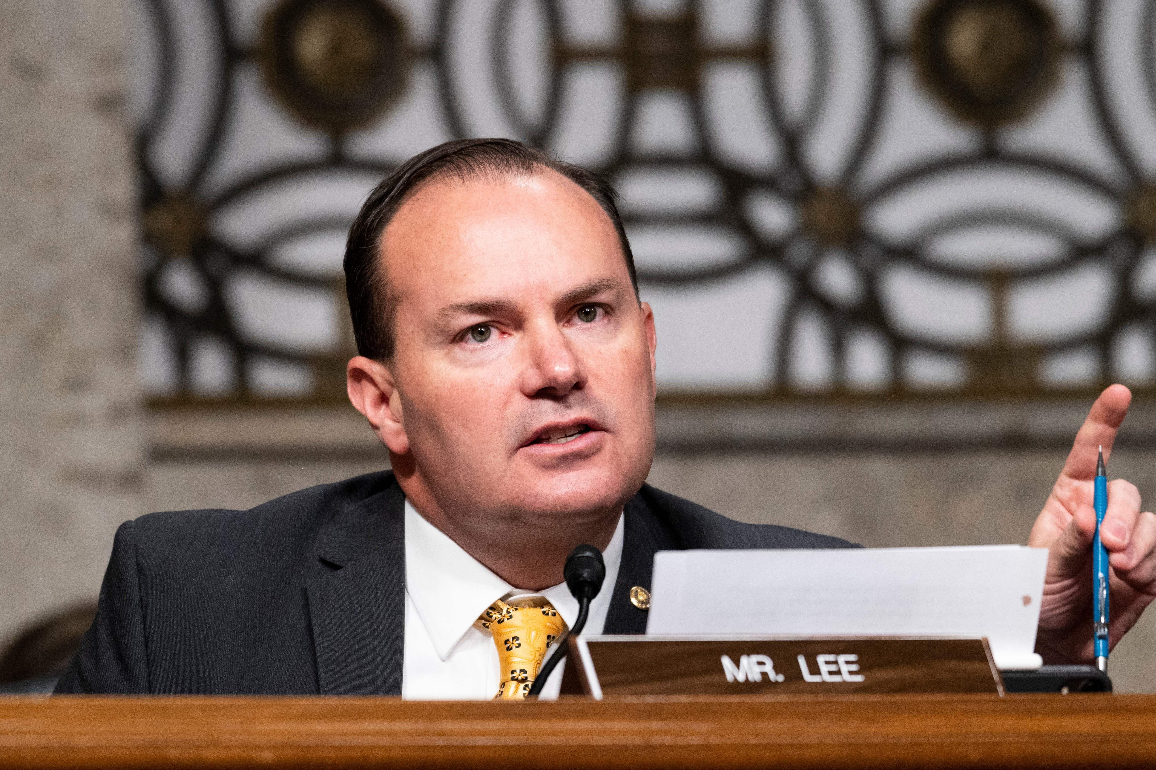Mike Lee points while seated at a Senate subcommittee hearing