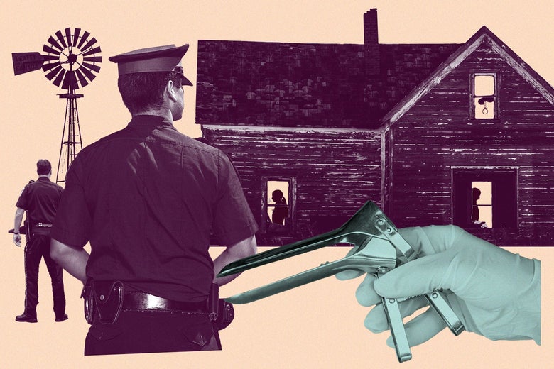 Police officers stand outside a farmhouse. A gloved hand holds a speculum. 