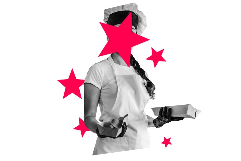 Woman in chef attire holding food, but her face is blocked out with stars