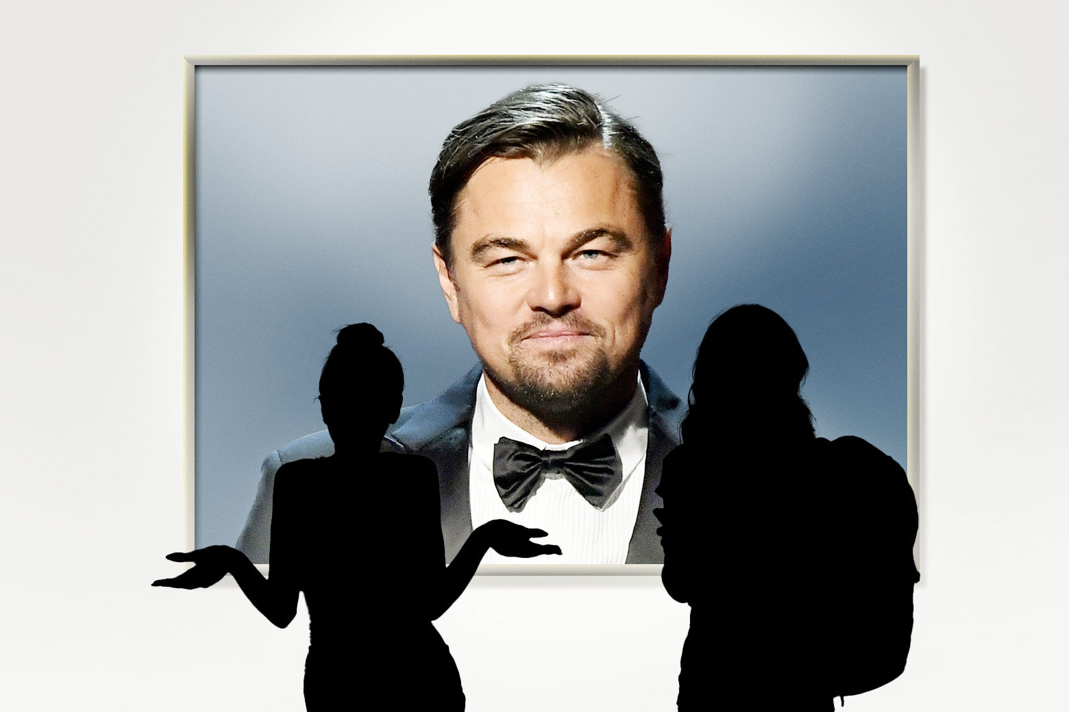 Two silhouettes of young women, one shrugging appear in front of a photo of Leonardo DiCaprio.