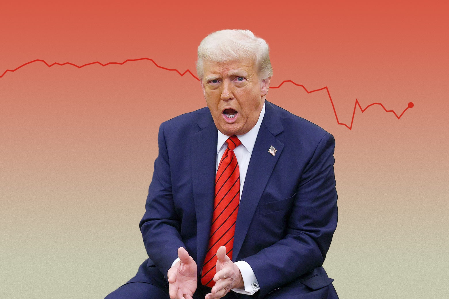 Donald Trump, sitting in front of a graph that is going down, like the stock market. 