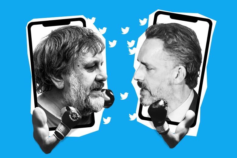 Slavoj Žižek and Jordan Peterson head-to-head, wearing boxing gloves. Their faces are emerging from smartphone screens, with Twitter birds flitting between them.