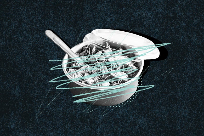 A brown-bowl lunch with scribbles over it.