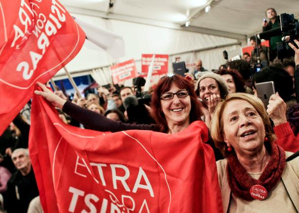 Supporters of the opposition radical leftist Syriza party