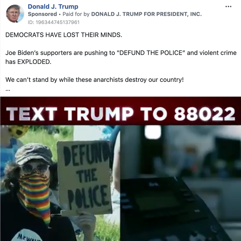 A Trump ad showing a phone and a protester with a Defund the Police sign