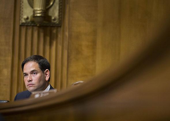 U.S. Sen. Marco Rubio (R-FL) listens to testimony from U.S. Secretary of State John Kerry during a Senate Foreign Relations Committee hearing concerning the 2015 international affairs budget on Capitol Hill April 8, 2014 in Washington, DC. 