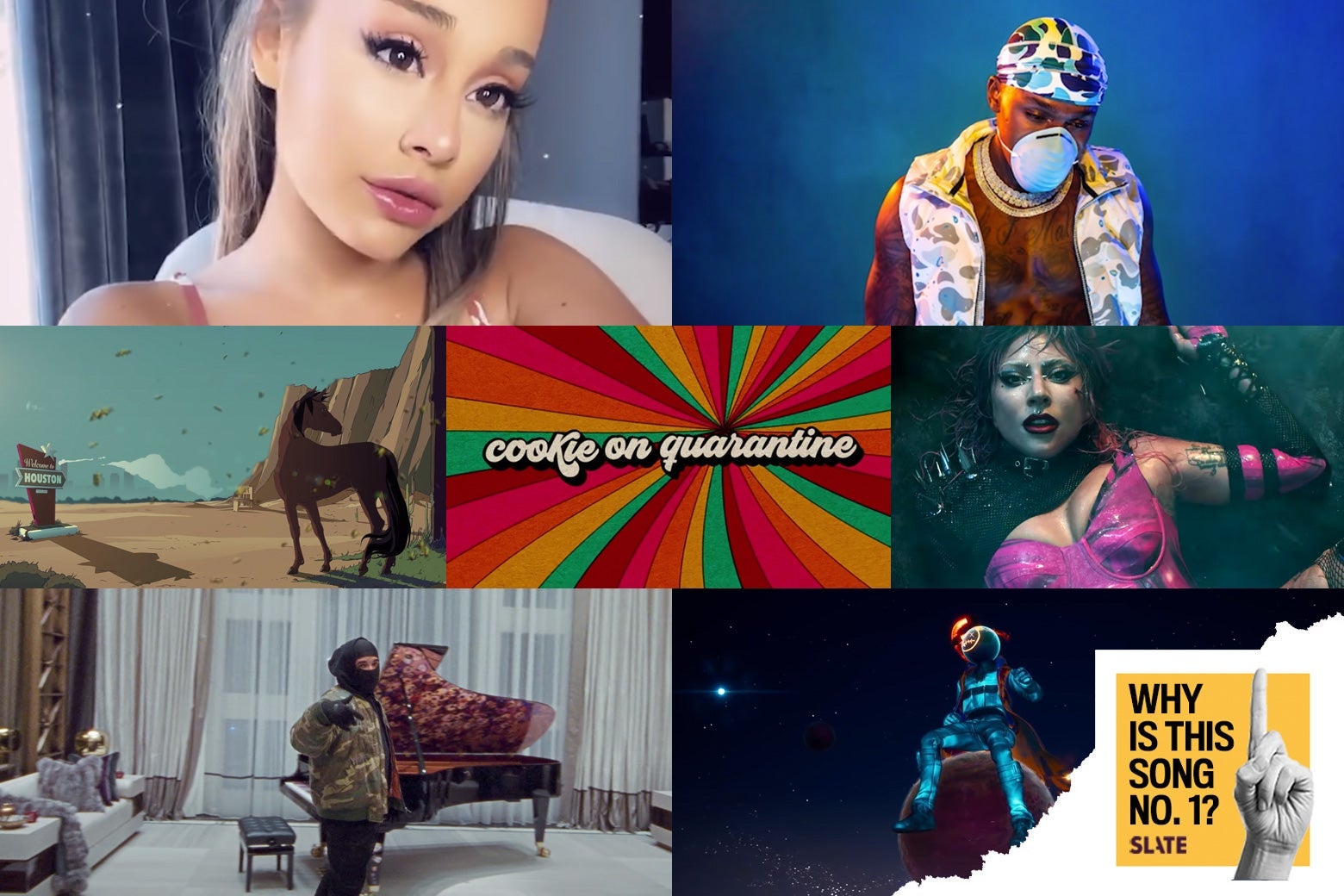 Stills from the official YouTube uploads for all seven songs show Ariana Grande, a stallion, Drake, DaBaby, Lady Gaga, and the Fortnite version of Travis Scott. In corner, the Why Is This Song No. 1 logo.