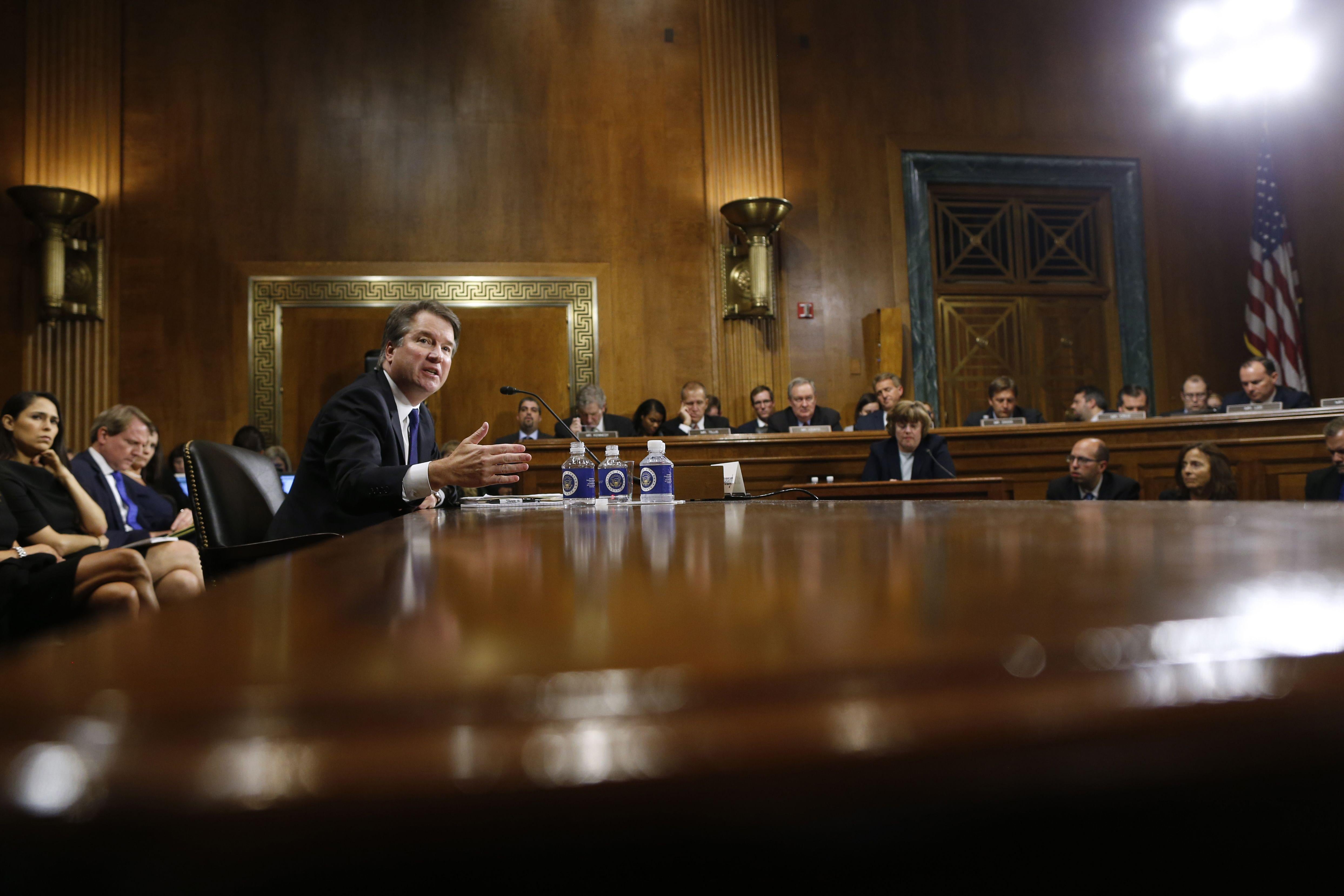 Supreme court nominee Brett Kavanaugh testifies before the Senate Judiciary Committee on Capitol Hill in Washington, DC on September 27, 2018. - University professor Christine Blasey Ford, 51, told a tense Senate Judiciary Committee hearing that could make or break Kavanaugh's nomination she was '100 percent' certain he was the assailant and it was 'absolutely not' a case of mistaken identify. (Photo by MICHAEL REYNOLDS / POOL / AFP)        (Photo credit should read MICHAEL REYNOLDS/AFP/Getty Images)