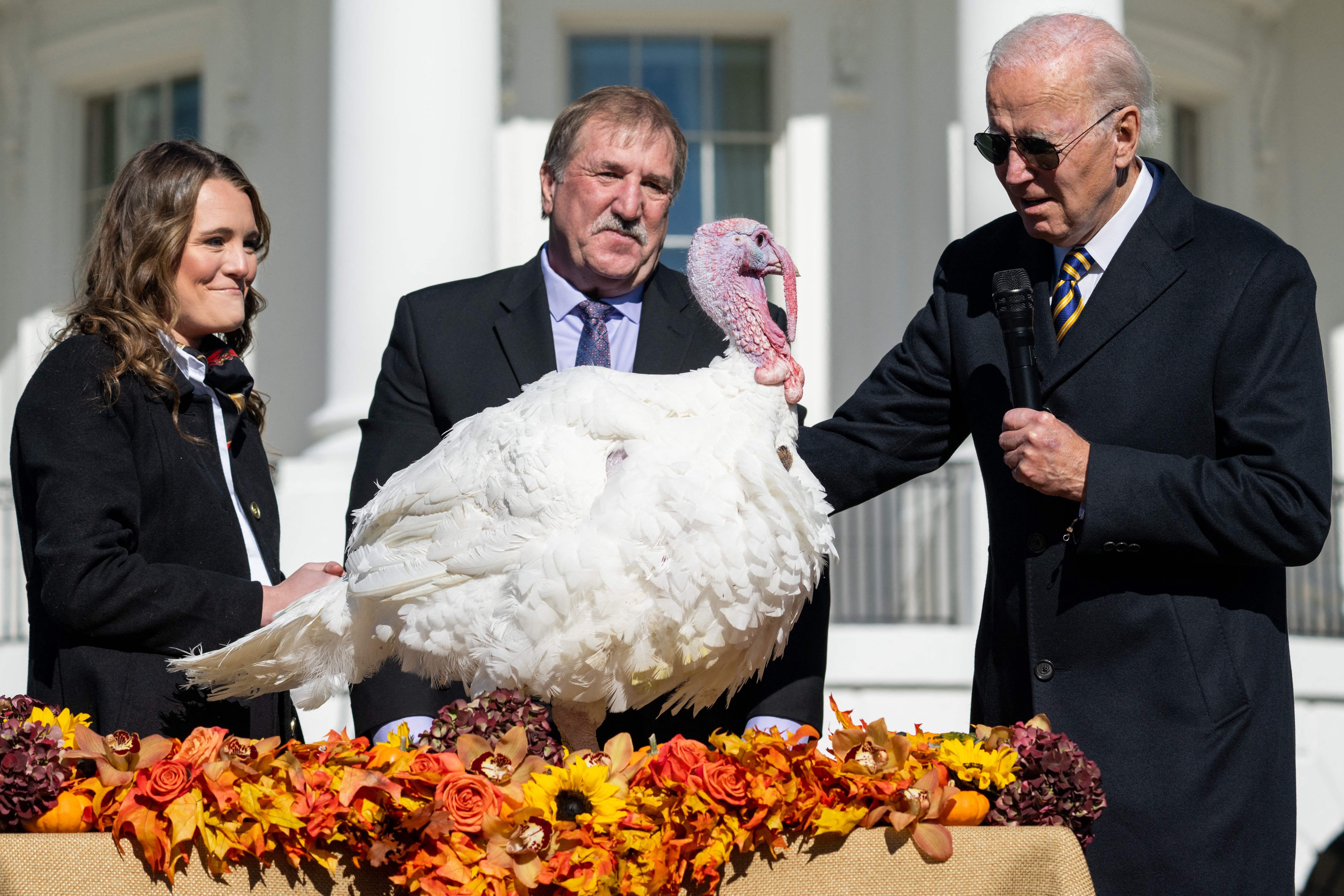 US President Joe Biden pardons Chocolate, the National Thanksgiving Turkey, as he is joined by the National Turkey Federation Chairman Ronnie Parker (C) and Alexa Starnes, Daughter of the Owner of Circle S Ranch on the South Lawn of the White House in Washington, DC on November 21, 2022. (Photo by SAUL LOEB / AFP) (Photo by SAUL LOEB/AFP via Getty Images)