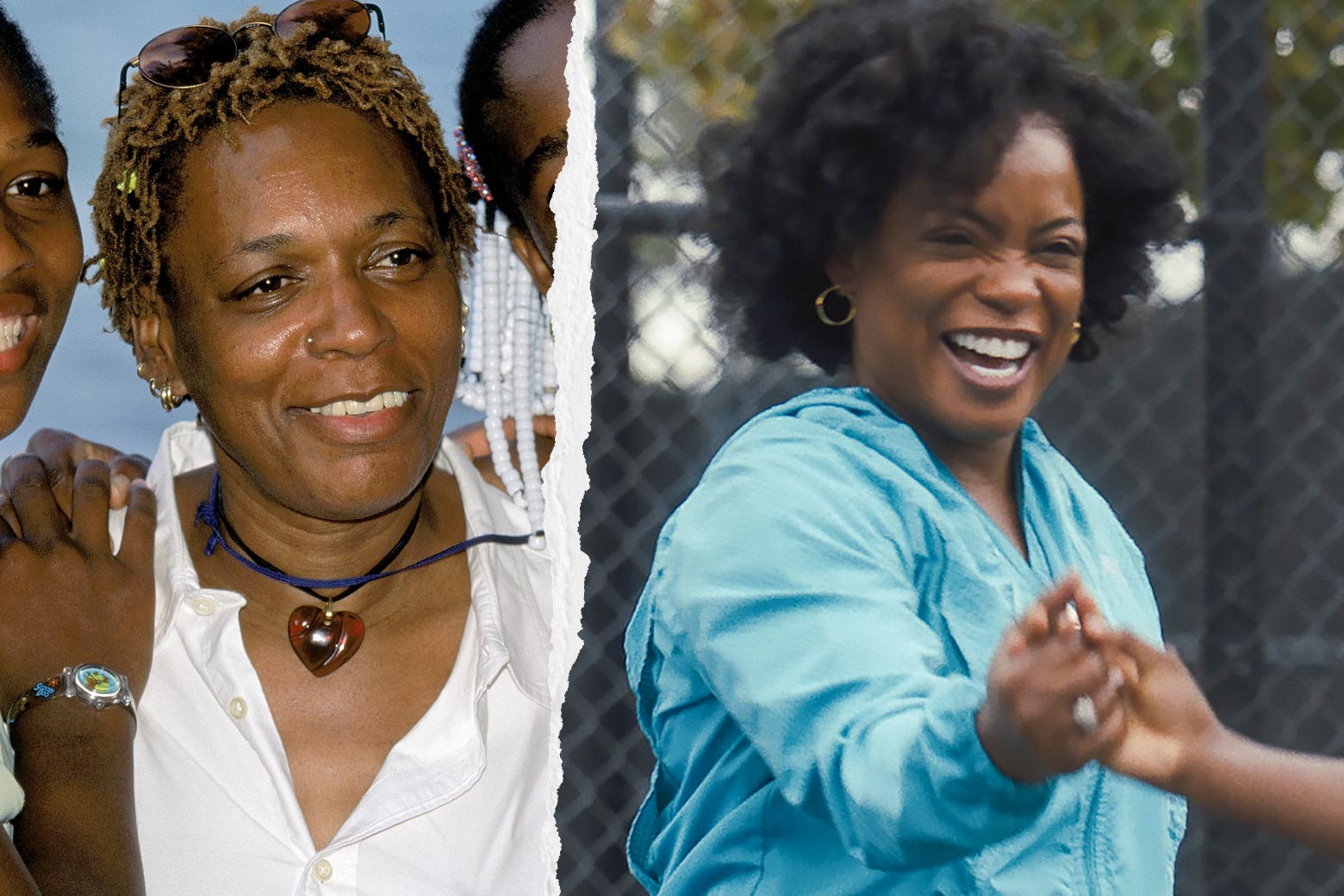She wears a big smile in both photos, surrounded by her daughters