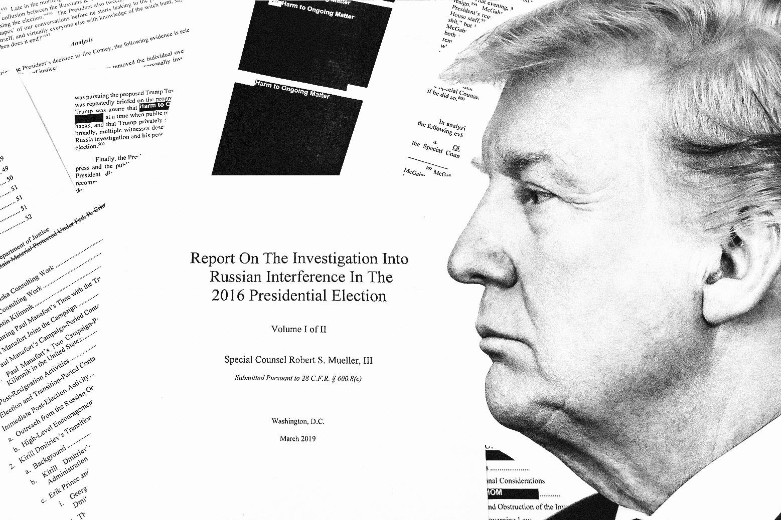 Donald Trump's face in front of documents from the Mueller report.