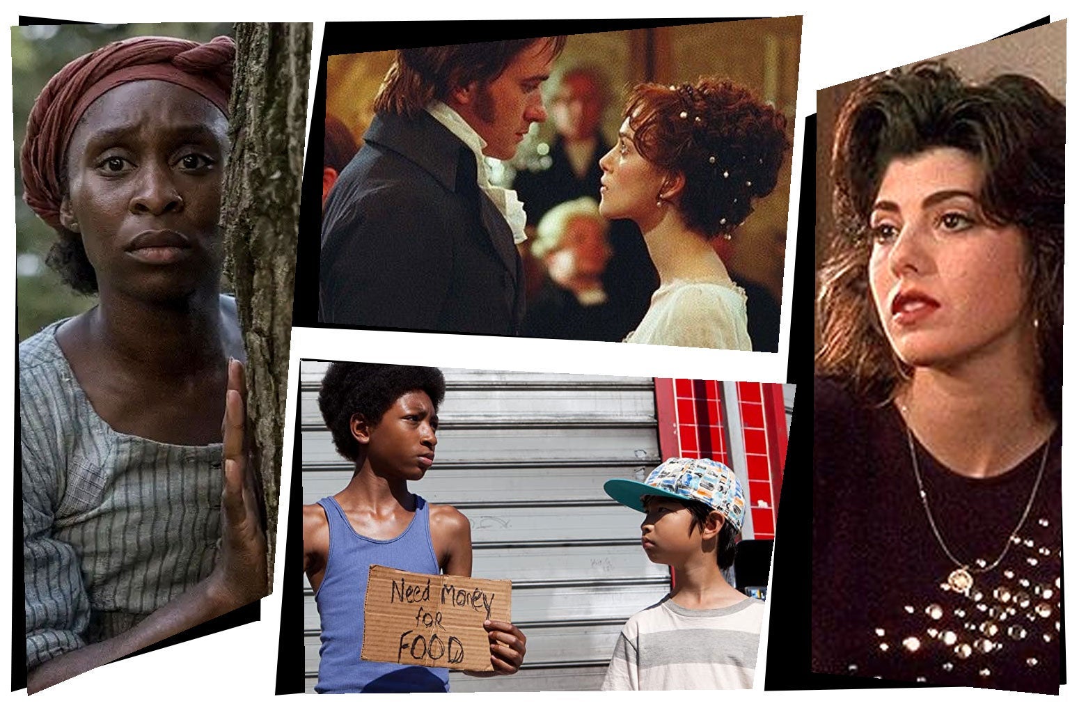 Stills from the movies in a mosaic-style collage showing Cynthia Erivo as Harriet Tubman, Marisa Tomei in My Cousin Vinny, Keira Knightley in Pride & Prejudice, and the young stars of Mister and Pete.